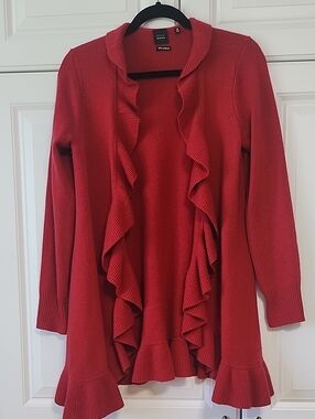 Saks Fifth Avenue Black Label Red Ruffle Open-Front Cardigan
